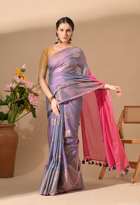 Handwoven Mul Cotton Zari Hibiscus Flower Saree - Purple/Pink