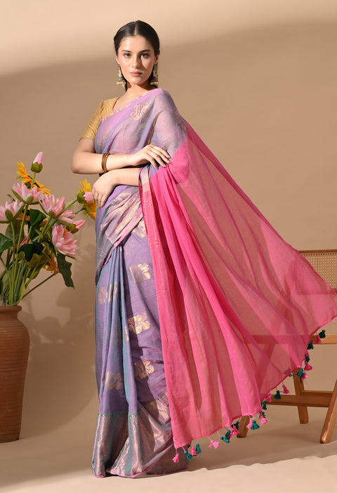 Handwoven Mul Cotton Zari Hibiscus Flower Saree - Purple/Pink