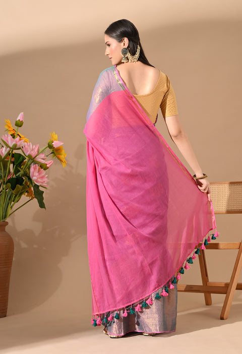 Handwoven Mul Cotton Zari Hibiscus Flower Saree - Purple/Pink