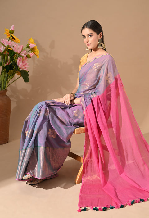 Handwoven Mul Cotton Zari Hibiscus Flower Saree - Purple/Pink