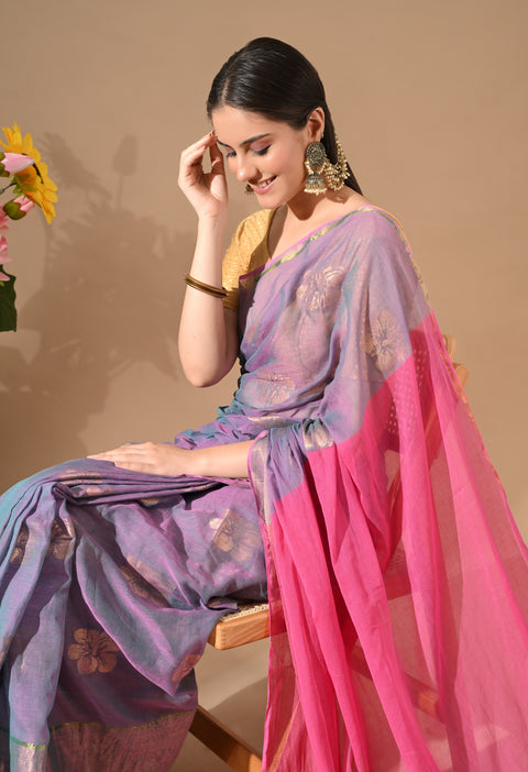 Handwoven Mul Cotton Zari Hibiscus Flower Saree - Purple/Pink