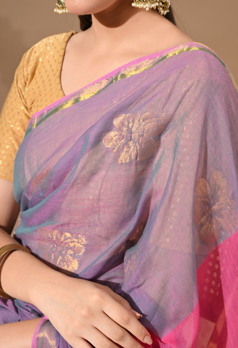 Handwoven Mul Cotton Zari Hibiscus Flower Saree - Purple/Pink
