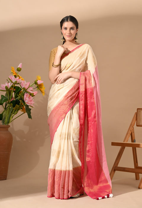 Handwoven Mul Cotton Zari Hibiscus Flower Saree - Off white/Pink