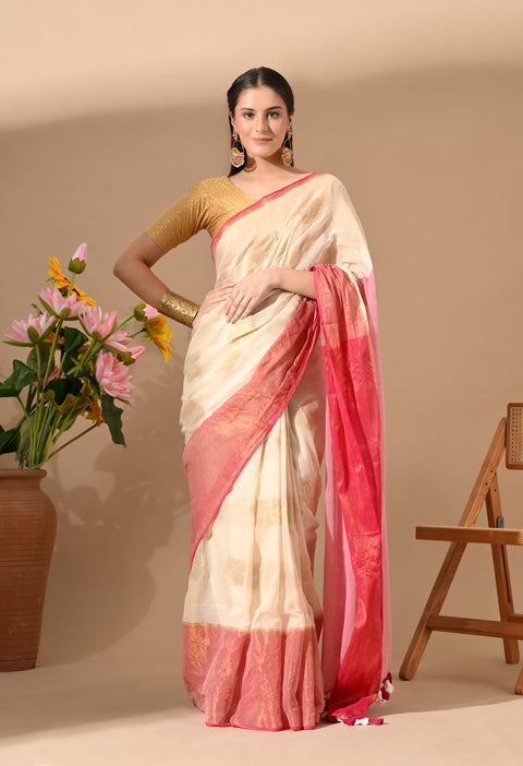 Handwoven Mul Cotton Zari Hibiscus Flower Saree - Off white/Pink
