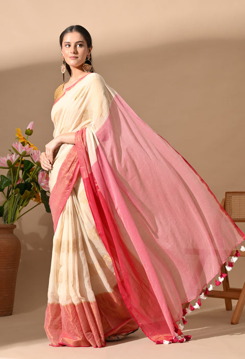 Handwoven Mul Cotton Zari Hibiscus Flower Saree - Off white/Pink