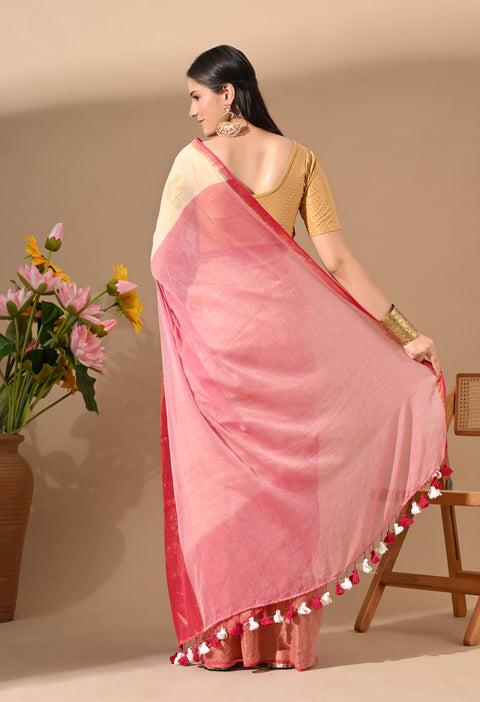 Handwoven Mul Cotton Zari Hibiscus Flower Saree - Off white/Pink