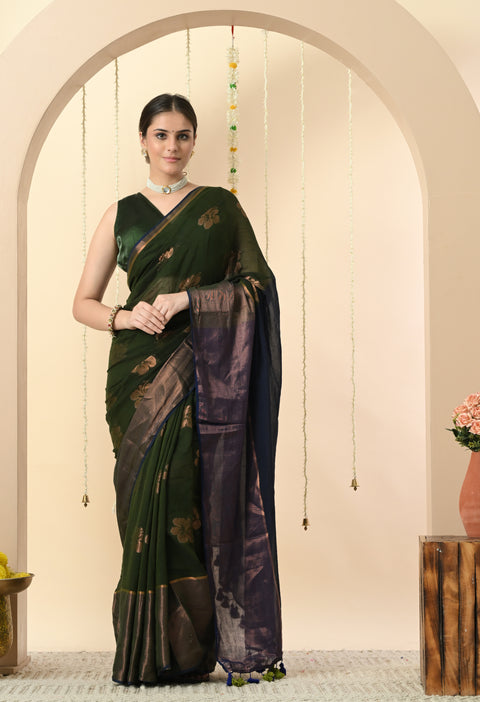 Handwoven Mul Cotton Zari Hibiscus Flower Saree - Green/Blue
