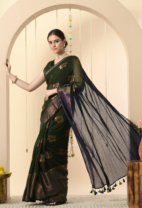Handwoven Mul Cotton Zari Hibiscus Flower Saree - Green/Blue
