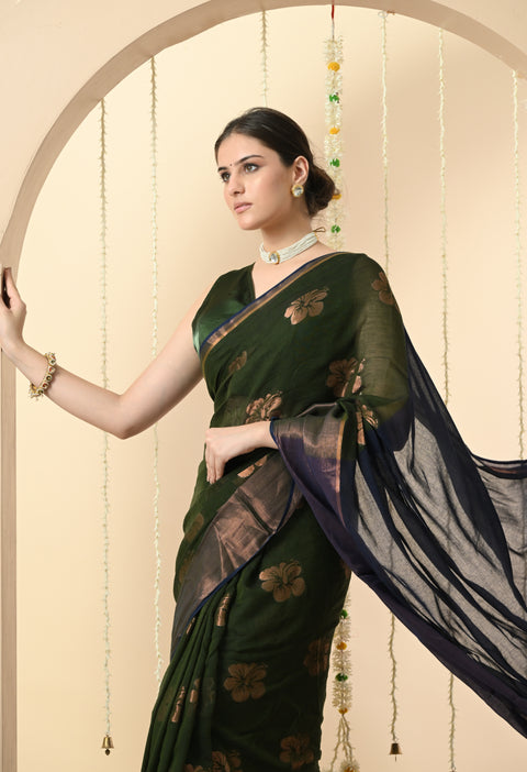 Handwoven Mul Cotton Zari Hibiscus Flower Saree - Green/Blue