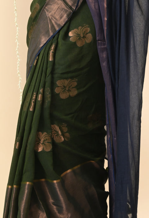 Handwoven Mul Cotton Zari Hibiscus Flower Saree - Green/Blue