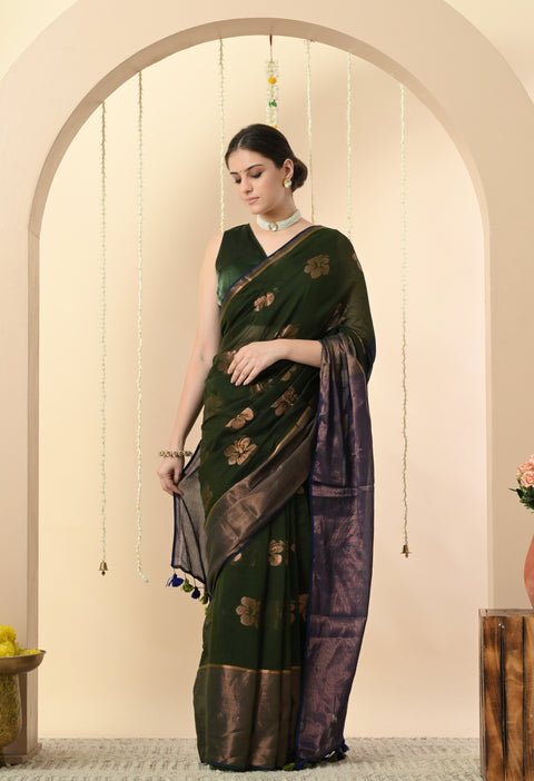 Handwoven Mul Cotton Zari Hibiscus Flower Saree - Green/Blue