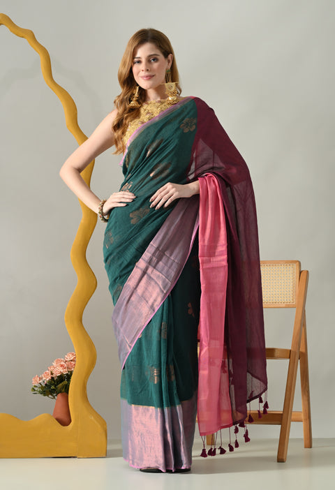 Handwoven Mul Cotton Zari Hibiscus Flower Saree - Green/Pink
