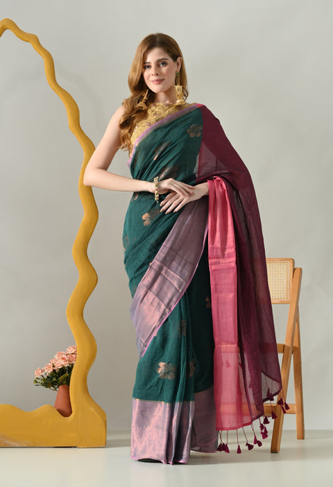 Handwoven Mul Cotton Zari Hibiscus Flower Saree - Green/Pink