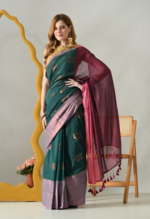 Handwoven Mul Cotton Zari Hibiscus Flower Saree - Green/Pink