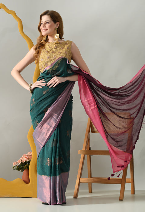 Handwoven Mul Cotton Zari Hibiscus Flower Saree - Green/Pink