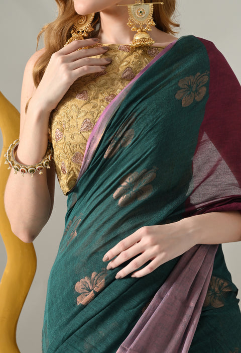 Handwoven Mul Cotton Zari Hibiscus Flower Saree - Green/Pink