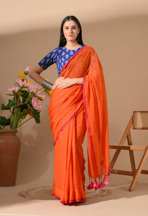 Handwoven Mul Cotton Saree - Orange