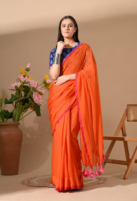 Handwoven Mul Cotton Saree - Orange