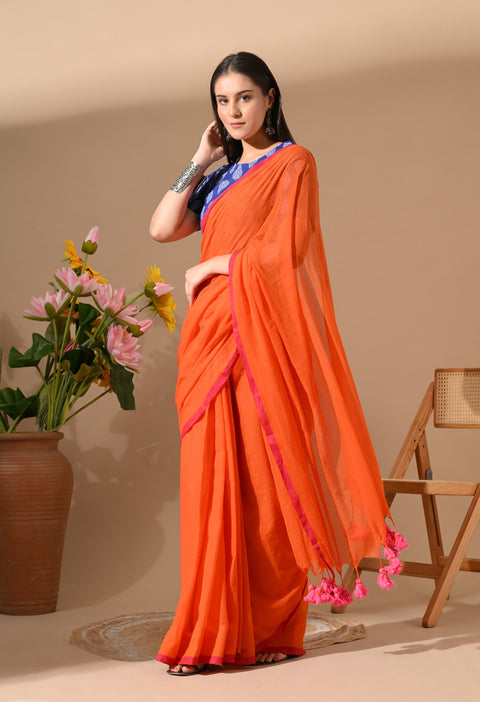 Handwoven Mul Cotton Saree - Orange