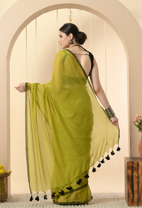Handwoven Mul Cotton Saree - Olive Green