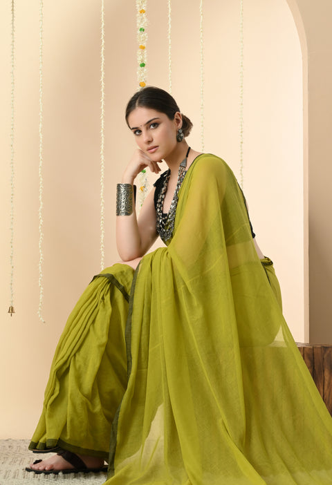 Handwoven Mul Cotton Saree - Olive Green