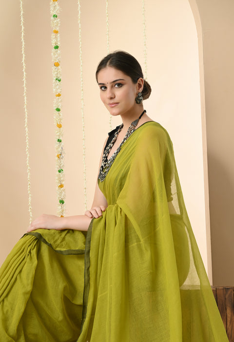 Handwoven Mul Cotton Saree - Olive Green