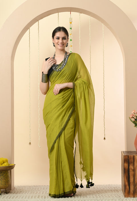 Handwoven Mul Cotton Saree - Olive Green