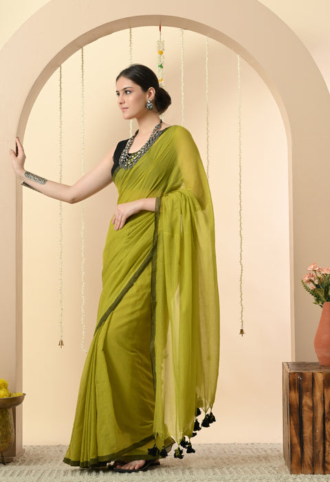 Handwoven Mul Cotton Saree - Olive Green