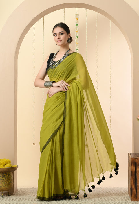 Handwoven Mul Cotton Saree - Olive Green
