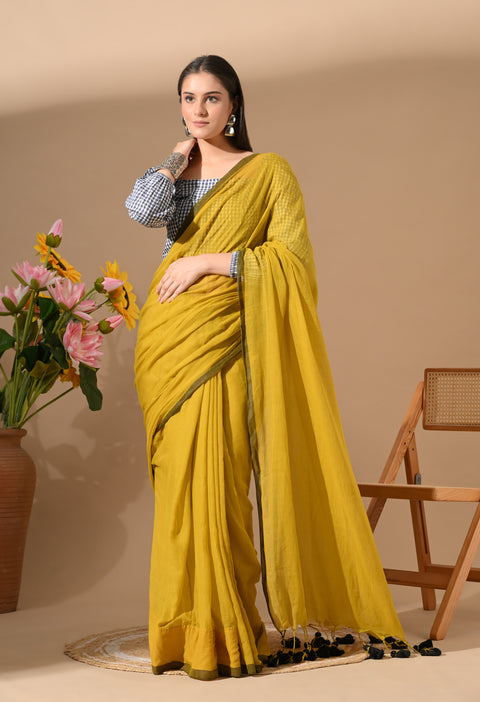 Handwoven Mul Cotton Saree - Yellow