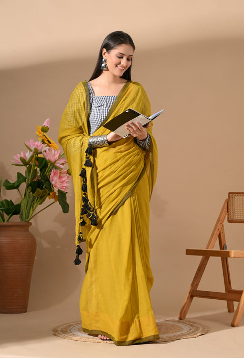 Handwoven Mul Cotton Saree - Yellow