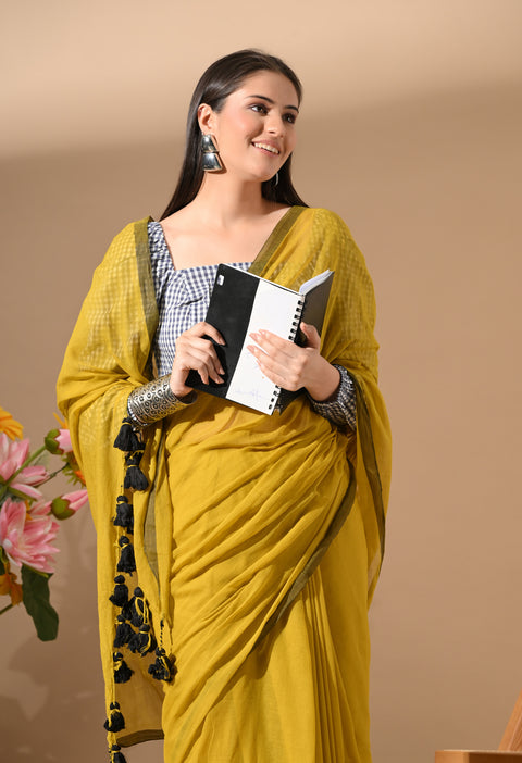 Handwoven Mul Cotton Saree - Yellow