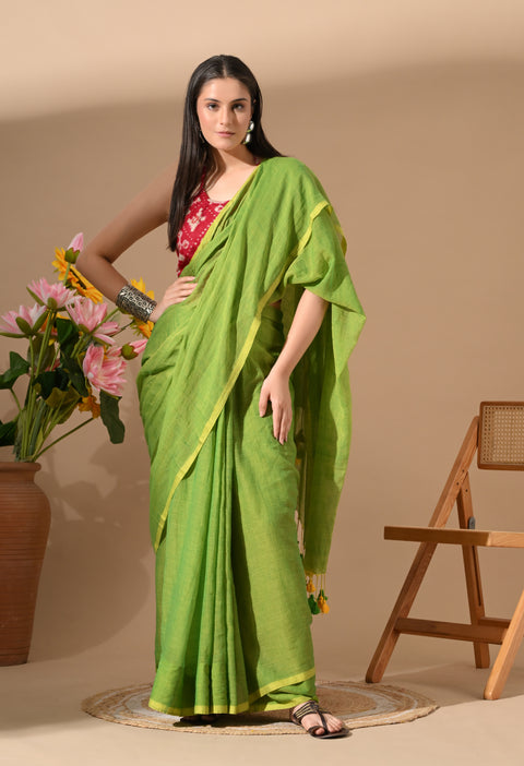 Handwoven Mul Cotton Saree - Green
