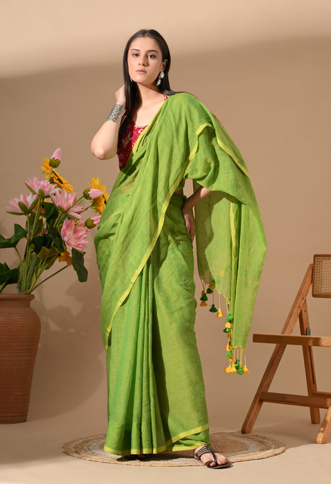Handwoven Mul Cotton Saree - Green