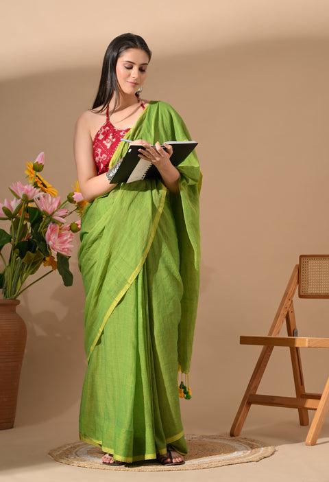 Handwoven Mul Cotton Saree - Green