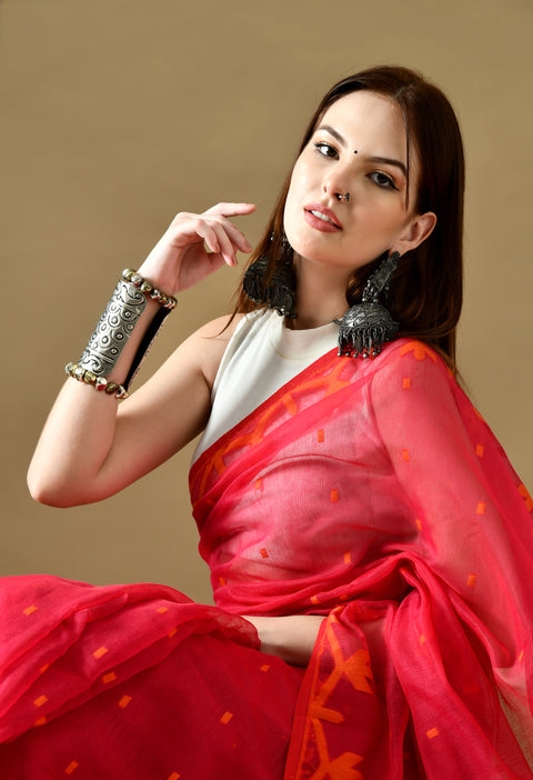 Cotton Silk Jamdani Saree (Magenta Pink/ Orange)