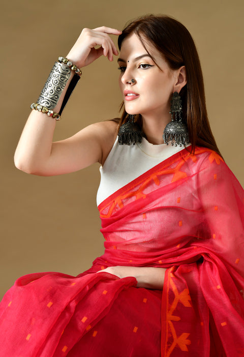 Cotton Silk Jamdani Saree (Magenta Pink/ Orange)