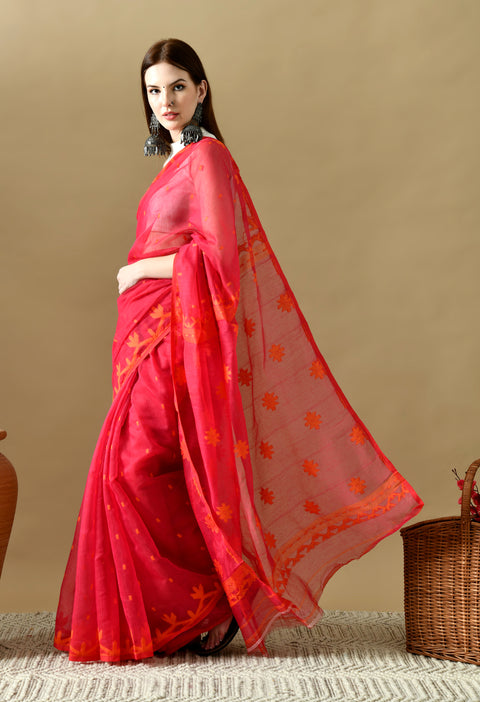 Cotton Silk Jamdani Saree (Magenta Pink/ Orange)