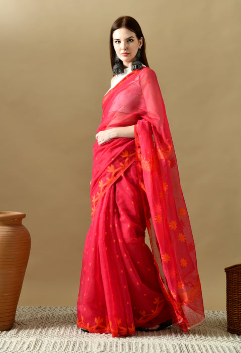Cotton Silk Jamdani Saree (Magenta Pink/ Orange)