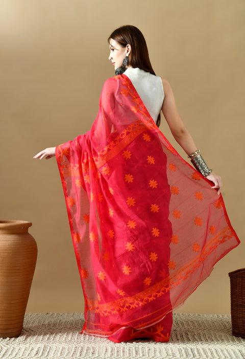 Cotton Silk Jamdani Saree (Magenta Pink/ Orange)