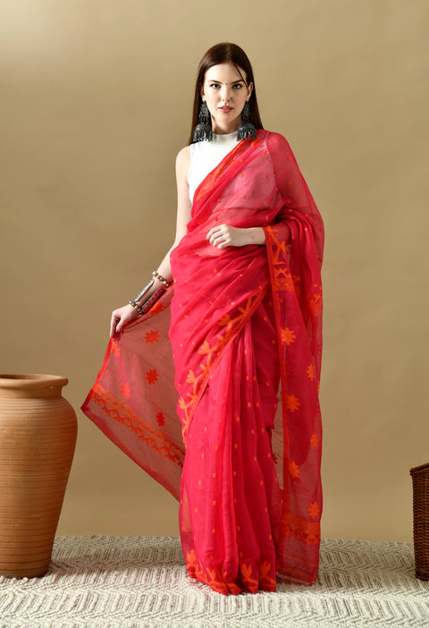 Cotton Silk Jamdani Saree (Magenta Pink/ Orange)