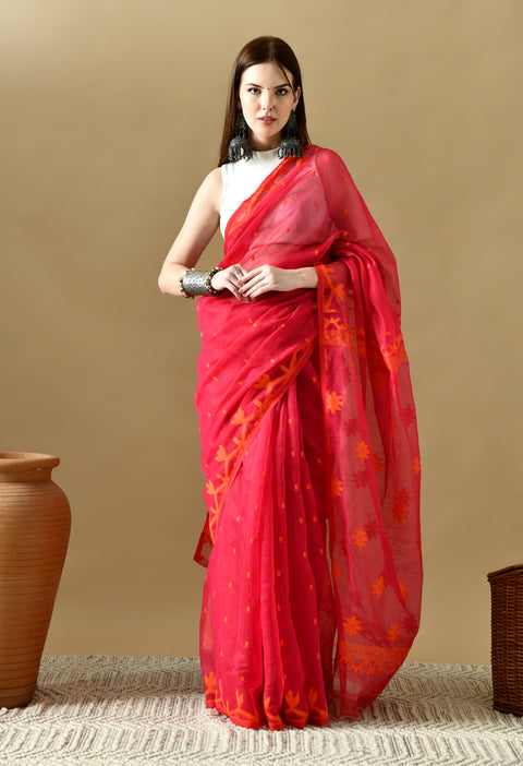 Cotton Silk Jamdani Saree (Magenta Pink/ Orange)