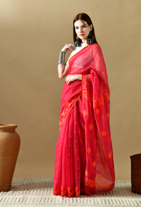 Cotton Silk Jamdani Saree (Magenta Pink/ Orange)