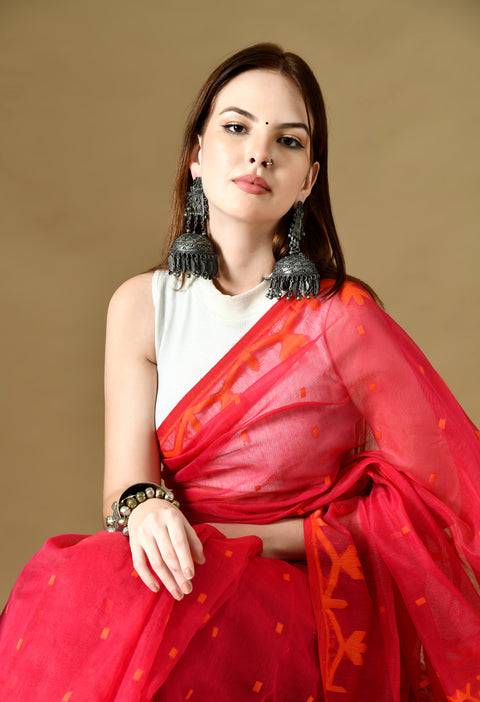 Cotton Silk Jamdani Saree (Magenta Pink/ Orange)