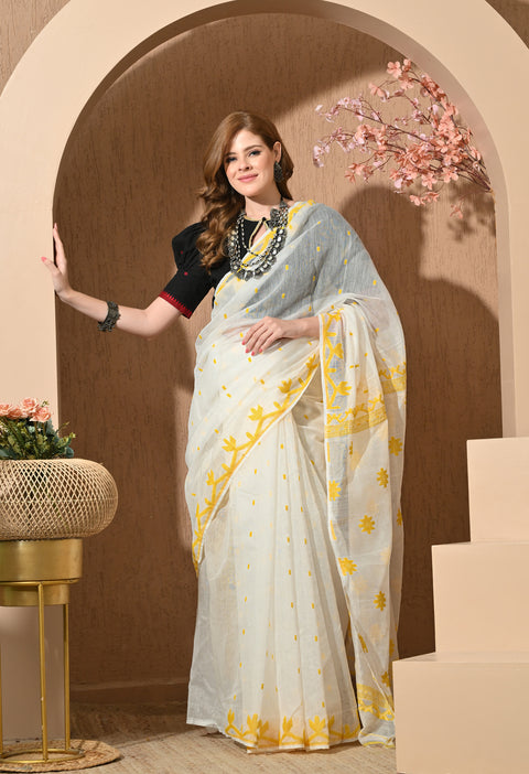 Cotton Silk Jamdani Saree (White/Yellow)