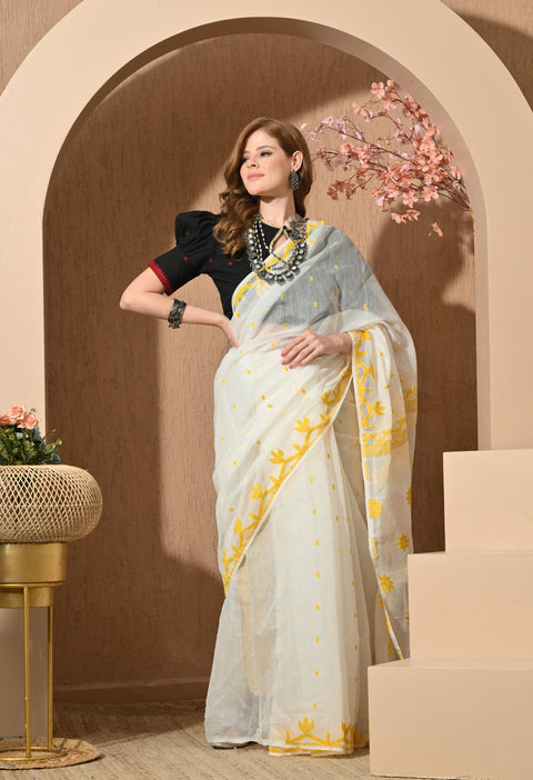 Cotton Silk Jamdani Saree (White/Yellow)