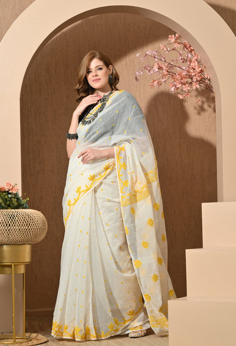 Cotton Silk Jamdani Saree (White/Yellow)
