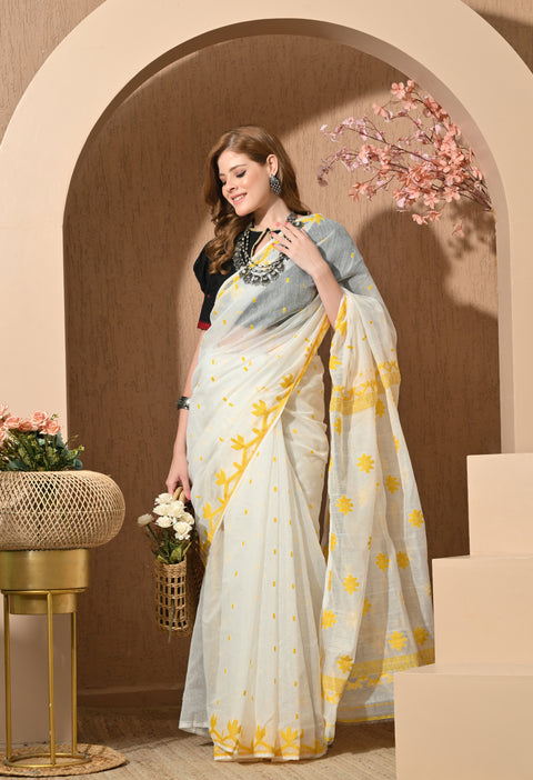 Cotton Silk Jamdani Saree (White/Yellow)