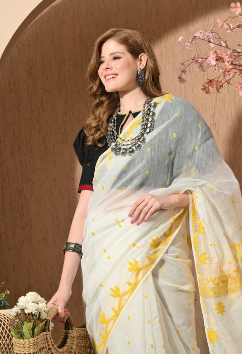 Cotton Silk Jamdani Saree (White/Yellow)