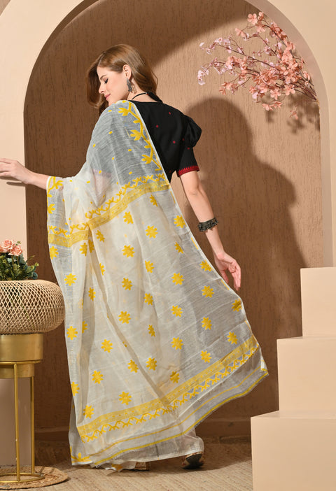 Cotton Silk Jamdani Saree (White/Yellow)
